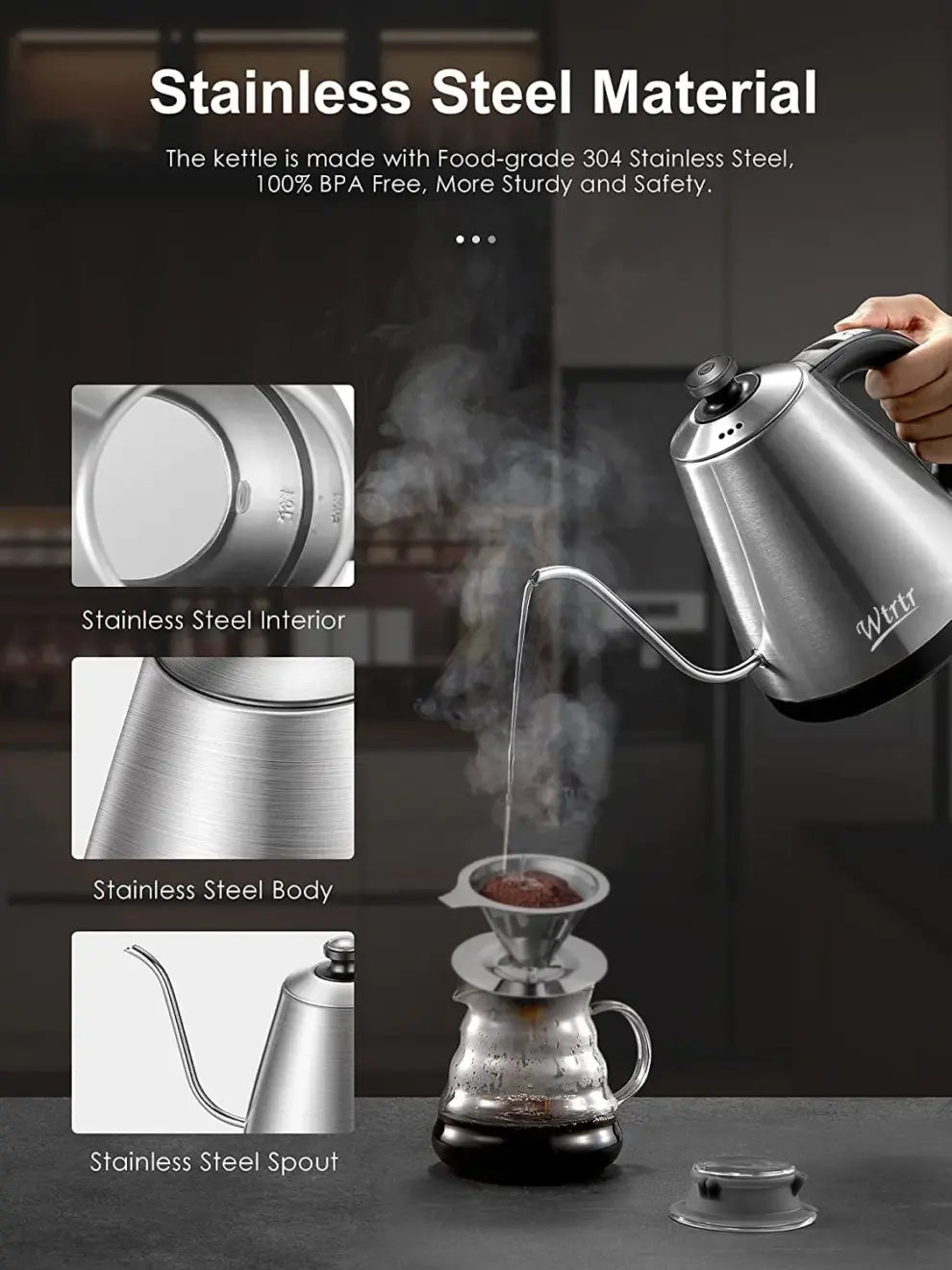 Elegant Electric Pour-Over Kettle – Premium Silver Design, 2200W Power for Perfect Coffee and Tea Brewing
