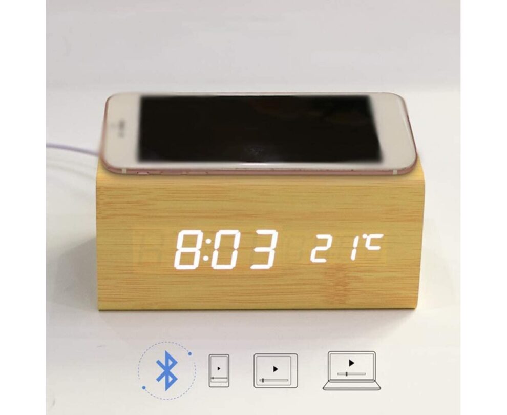 Wooden Digital Alarm Clock with Wireless Charging – Elegant Wood Design for a Modern Touch