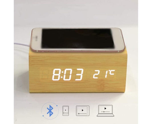 Wooden Digital Alarm Clock with Wireless Charging – Elegant Wood Design for a Modern Touch