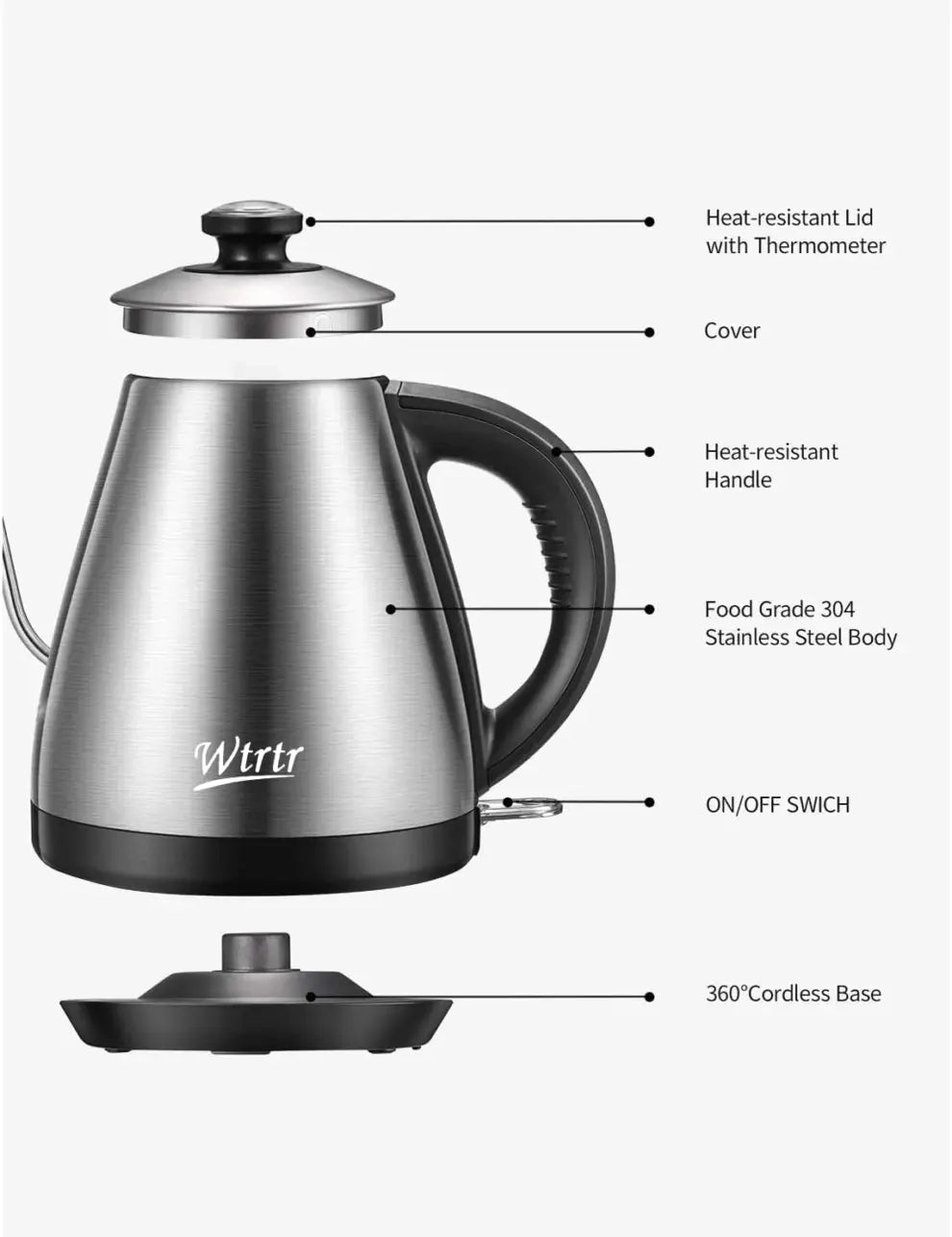 Elegant Electric Pour-Over Kettle – Premium Silver Design, 2200W Power for Perfect Coffee and Tea Brewing