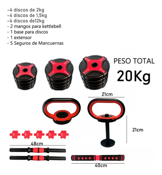 3-in-1 Professional Dumbbell Set – Kettlebell + Barbell + Dumbbell | 20 KG Home Gym Kit