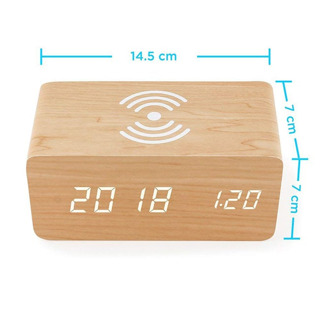 Wooden Digital Alarm Clock with Wireless Charging – Elegant Wood Design for a Modern Touch